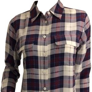 Equipment checkered blue silk button up top
